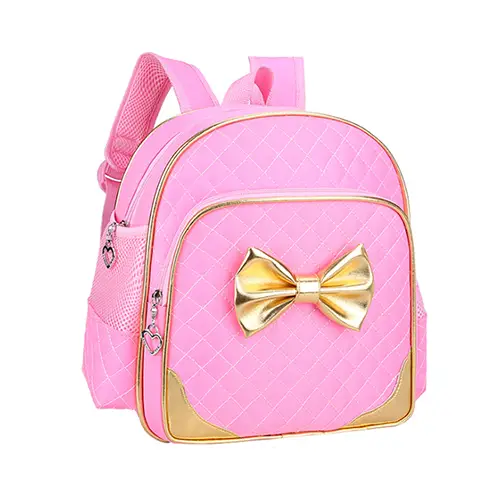 Quilted Pink Backpack with Golden Bow Accent and Customizable Logo